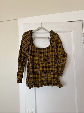 WRAY Plaid Smocked Square-Neck Top